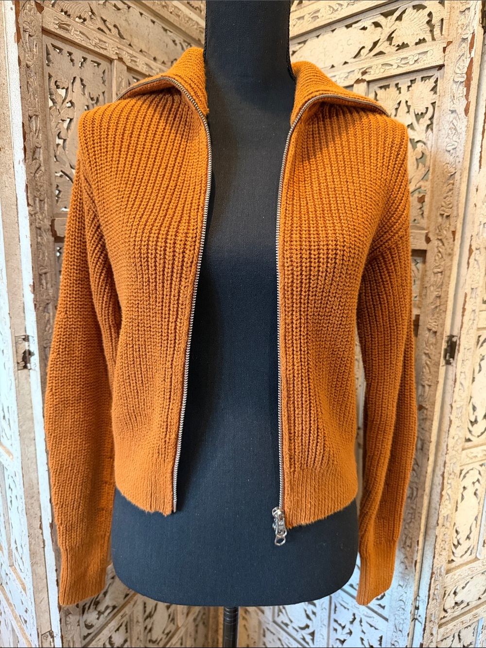 Everlane 100% Organic Cotton Zip-Front Ribbed Cardigan - Rust Orange